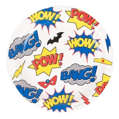 Prato redondo branco com estampado colorido estilo banda desenhada com texto WOW!, POW!, BANG!, morcego e máscara