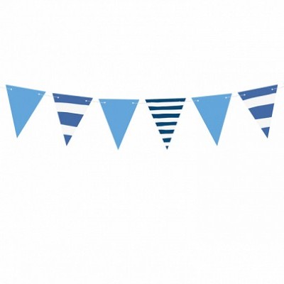 Cordão decorativo azul e branco com bandeirolas triangulares