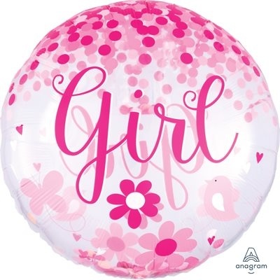 Balão redondo branco com texto 'girl' e decoração em rosa