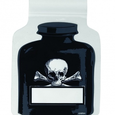 Saco plástico com desenho de frasco preto, crânio branco e ossos cruzados
