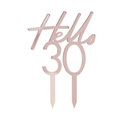 Topo de bolo 'Hello 30' dourado metálico com estacas
