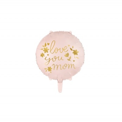 Balão cor-de-rosa redondo com texto dourado 'love you mom' e flores douradas