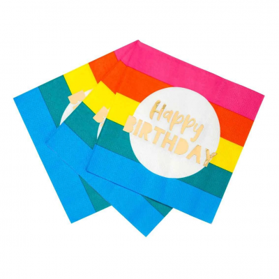 Guardanapos de festa coloridos com texto 'HAPPY BIRTHDAY'