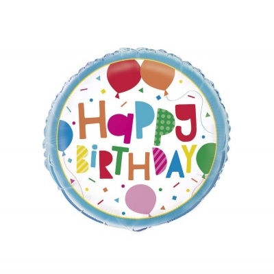 Balão redondo azul com mensagem de feliz aniversário colorida