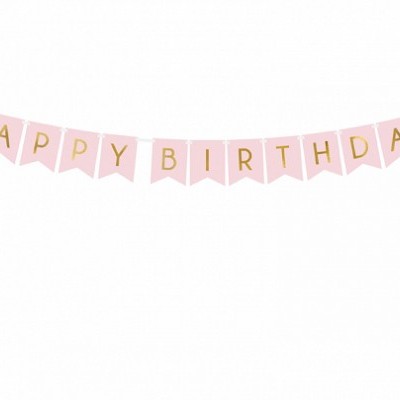 Bandeirola rosa claro com letras douradas HAPPY BIRTHDAY