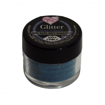 Frasco pequeno com glitter azul marinho com tampa preta e rótulo com texto