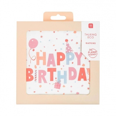 Embalagem de guardanapos de papel festivos com texto Happy Birthday e decoração colorida