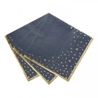 Três guardanapos de papel azuis com estrelas douradas na borda