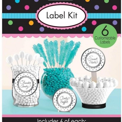 Embalagem de kit de etiquetas personalizáveis para festa da amscan com cores preta, azul, rosa e pontos coloridos