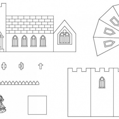 Peças de papel desenhadas para montar cenário medieval
