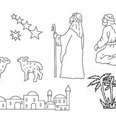 Desenho religioso preto e branco com ovelhas, estrelas, personagens, edifícios e palmeira