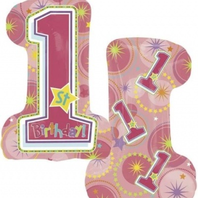 Balão de festa cor de rosa em forma de número 1 com texto '1st Birthday!'