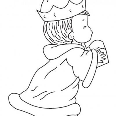 Desenho infantil preto e branco de criança com coroa e manto, segurando um livro.