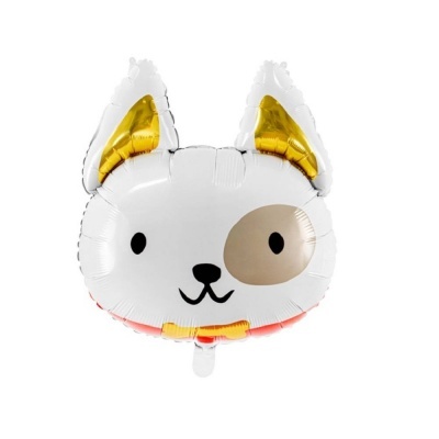 Balão metálico em forma de cabeça de cão branco com detalhes dourados e castanhos