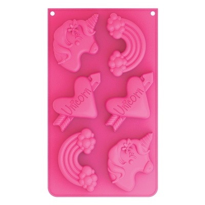 Forma rosa de silicone com cavidades para bolos em forma de unicórnio, arco-íris e coração com texto