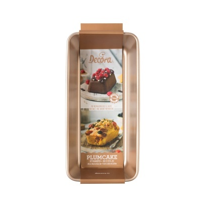 Forma metálica bronze para plumcake com embalagem e imagens de bolos