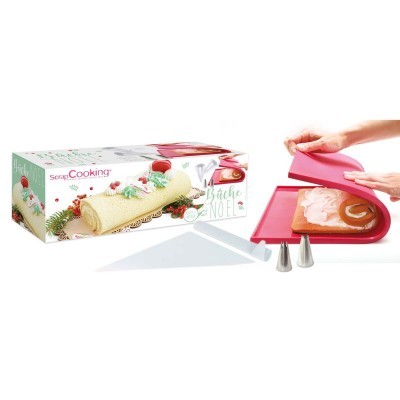 Kit para fazer bolo Bûche de Noël com tapete rosa flexível, forma para bolo em madeira e bicos metálicos