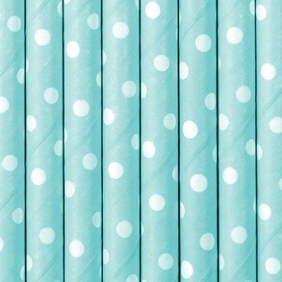 Canudos de papel azul turquesa com bolinhas brancas