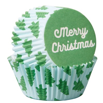 Forminhas de papel para cupcakes com padrão de árvores de Natal e texto Merry Christmas