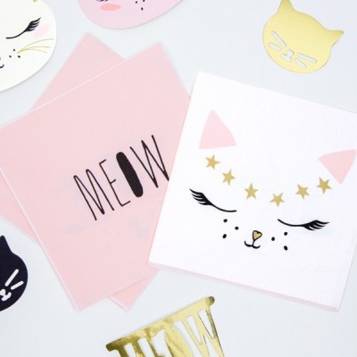 Guardanapos de papel decorativos com temas de gatos e texto 'MEOW'