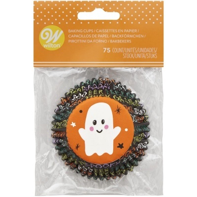 Forminhas de papel para cupcake com tema de Halloween e desenho de fantasma branco em fundo laranja