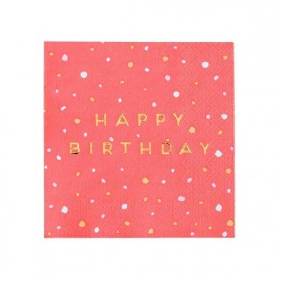 Guardanapo vermelho com bolinhas coloridas e texto dourado 'HAPPY BIRTHDAY'