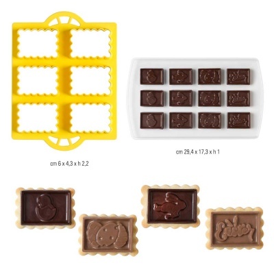 Moldes amarelos para bolachas, chocolates e bolachas retangulares com desenhos