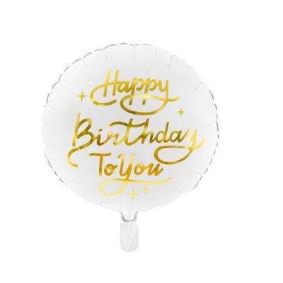 Balão redondo branco com texto dourado Happy Birthday To You