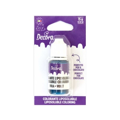 Frasco pequeno de corante lipossolúvel violeta Decora em embalagem de cartão roxo.