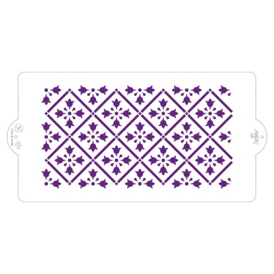 Estêncil branco com padrão roxo de losangos e flores