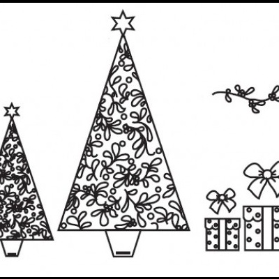 Desenho preto e branco de árvores de Natal e presentes decorativos.