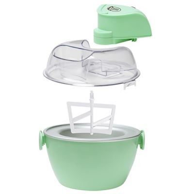 processador de alimentos manual verde com tampa transparente e manivela verde