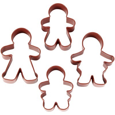 Conjunto de quatro cortadores de biscoitos em metal cobre em forma de boneco de gengibre