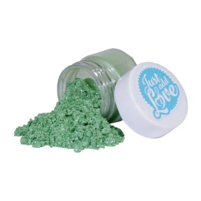 Pote pequeno com brilho verde e tampa branca com texto azul