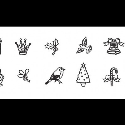 Desenhos lineares a preto e branco de vários itens de Natal