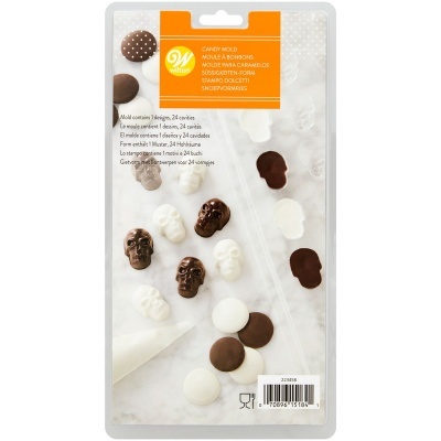 Molde para caramelos em forma de caveiras em plástico transparente e cartolina com selo laranja Wilton