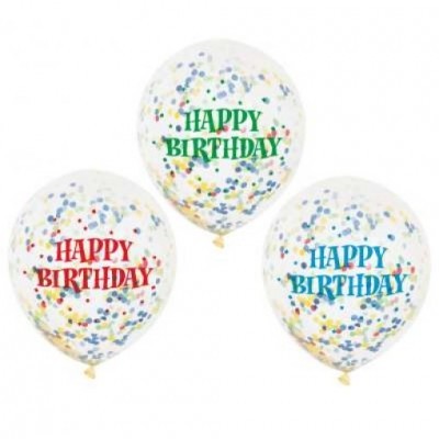 Três balões transparentes com confetes coloridos e texto 'HAPPY BIRTHDAY' em verde, vermelho e azul.