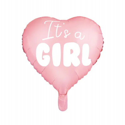 Balão coração rosa com 'It's a GIRL' em branco