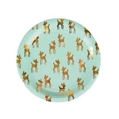 Prato redondo azul claro com renas douradas