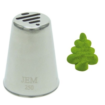 Bico de pasteleiro metálico com inscrição JEM 250 e modelagem verde em forma de árvore