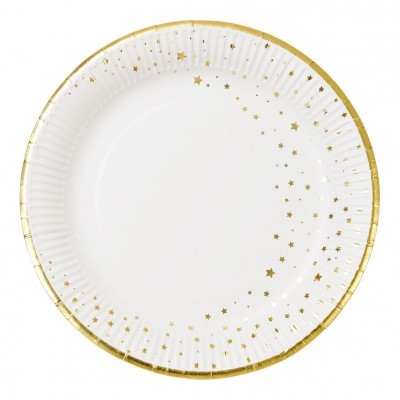 Prato descartável branco com detalhes dourados e estrelas.