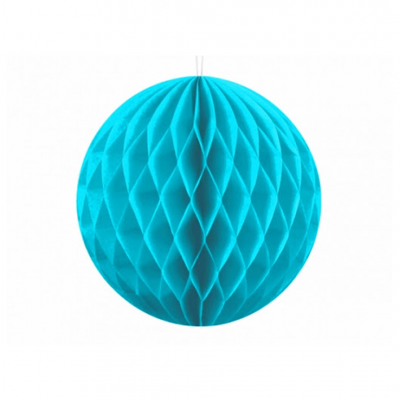 Esfera decorativa azul de papel em padrão colmeia pendurada