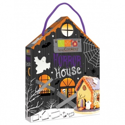 Embalagem em forma de casa com design Halloween e texto HORROR House