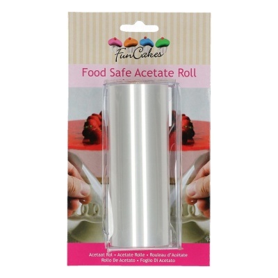 Rolo de acetato transparente da FunCakes em embalagem com imagens e texto.