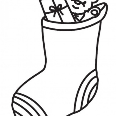 Desenho preto e branco de meia com ursinho e presente dentro
