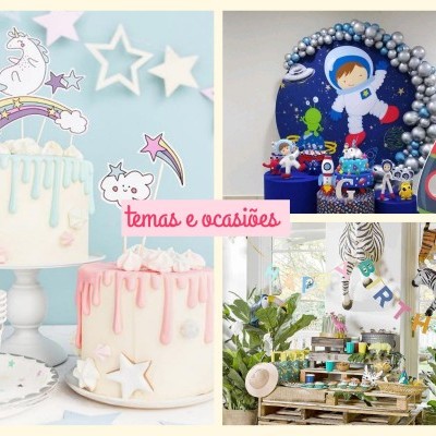 Decorações de festa infantil com bolos coloridos, balões temáticos e mesa ao ar livre com tema de animais