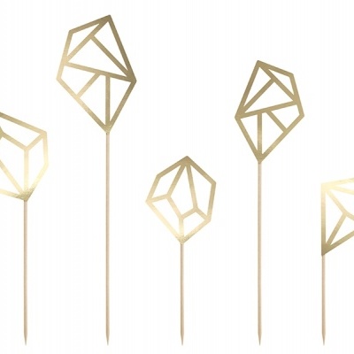 Toppers para bolos dourados em forma de diamante com hastes de madeira