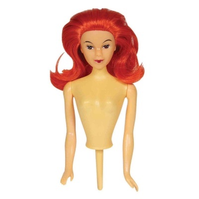Boneca de cabeça e parte superior do corpo com cabelo vermelho e rosto pintado