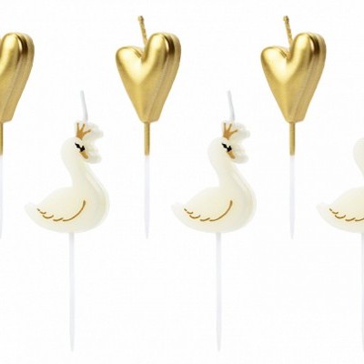 Velas decorativas para bolo em forma de corações dourados e cisnes brancos com coroa dourada