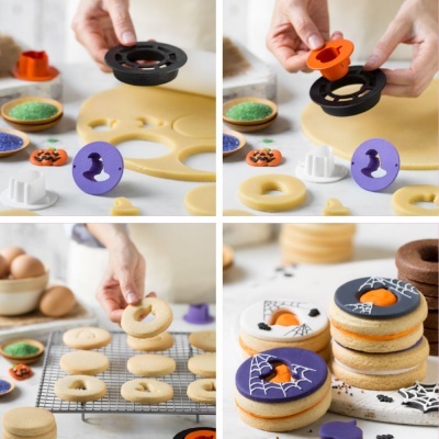 Molde para biscoitos de Halloween e biscoitos decorados com temas de abóbora, bruxa e morcego